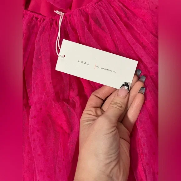 Lush NWT Hot Pink Swiss Dot Tulle Tiered Mini Dress Ruffle Tie Straps Size S - Picture 5 of 5
